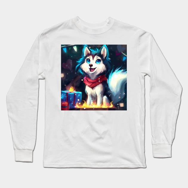 Cute Husky Drawing Long Sleeve T-Shirt by Play Zoo